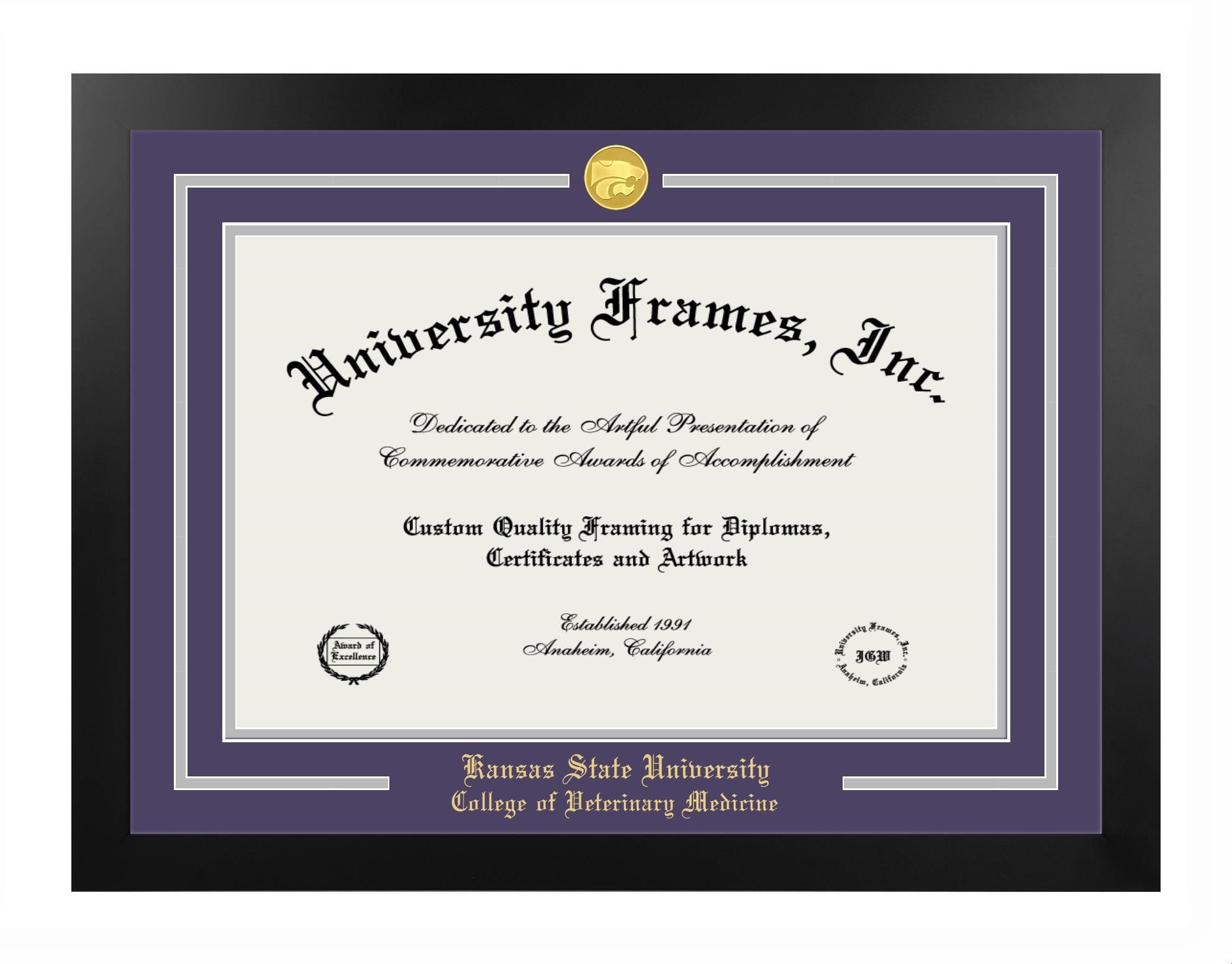 A diploma frame with a black exterior and purple cutout primary mat, with a gray accent mat. The frame contains a diploma with a gold imprint and a 22kt gold plated Power Cat logo.