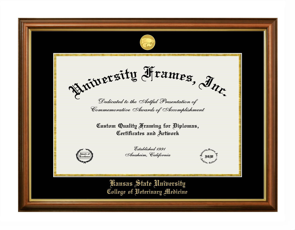 A Walnut with Gold Trim diploma Frame with black primary mat and gold accent, Kansas State University College of Veterinary Medicine gold imprint and 22kt Gold Plated Power Cat logo. Fits 11"H x 17"W diploma.