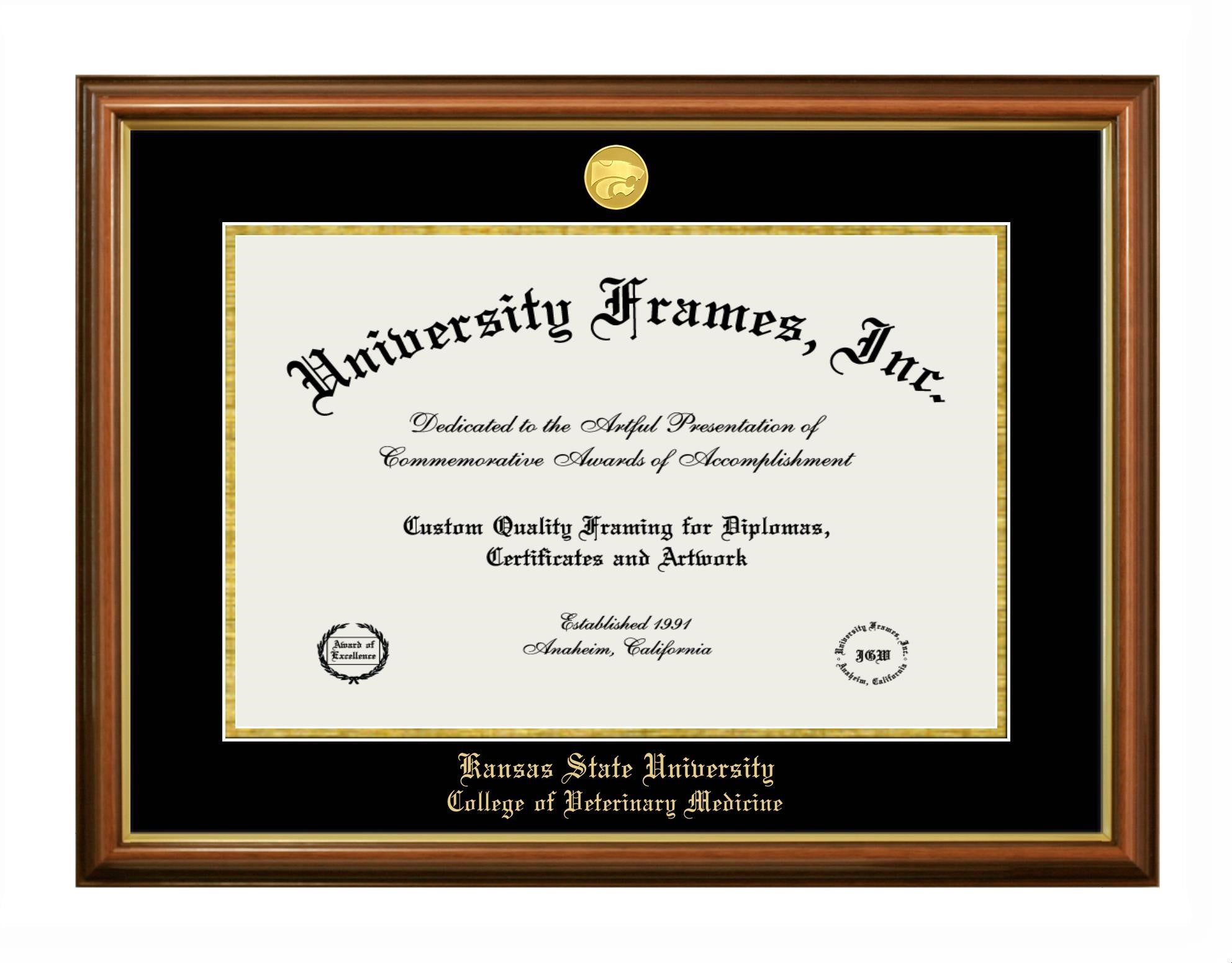 A Walnut with Gold Trim diploma Frame with black primary mat and gold accent, Kansas State University College of Veterinary Medicine gold imprint and 22kt Gold Plated Power Cat logo. Fits 11"H x 17"W diploma.