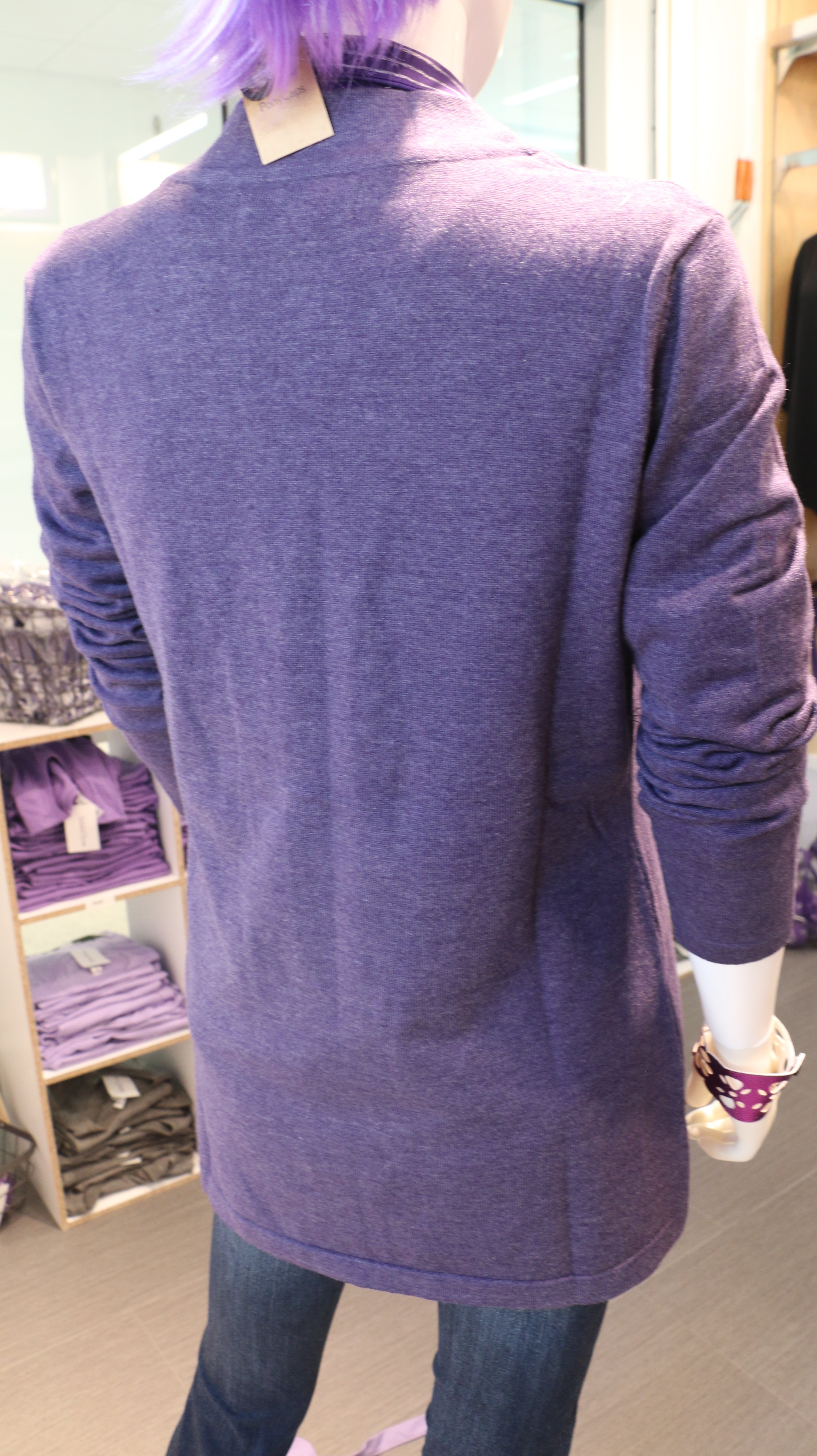 The back of the purple heathered Edwards cardigan. 