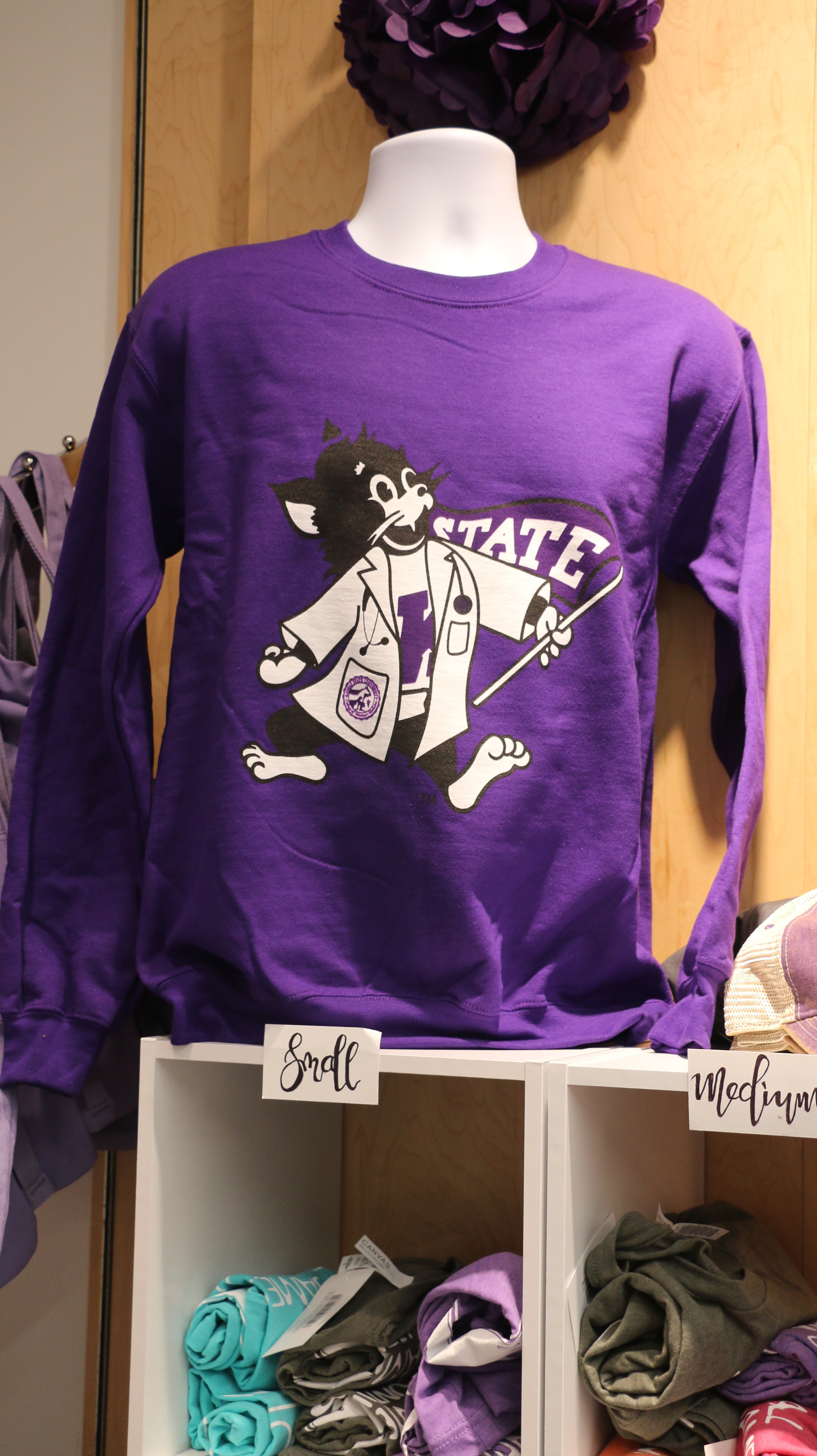 A purple Gildan crewneck sweatshirt with a custom Labcoat Willie design printed on the front, displayed on a mannequin.