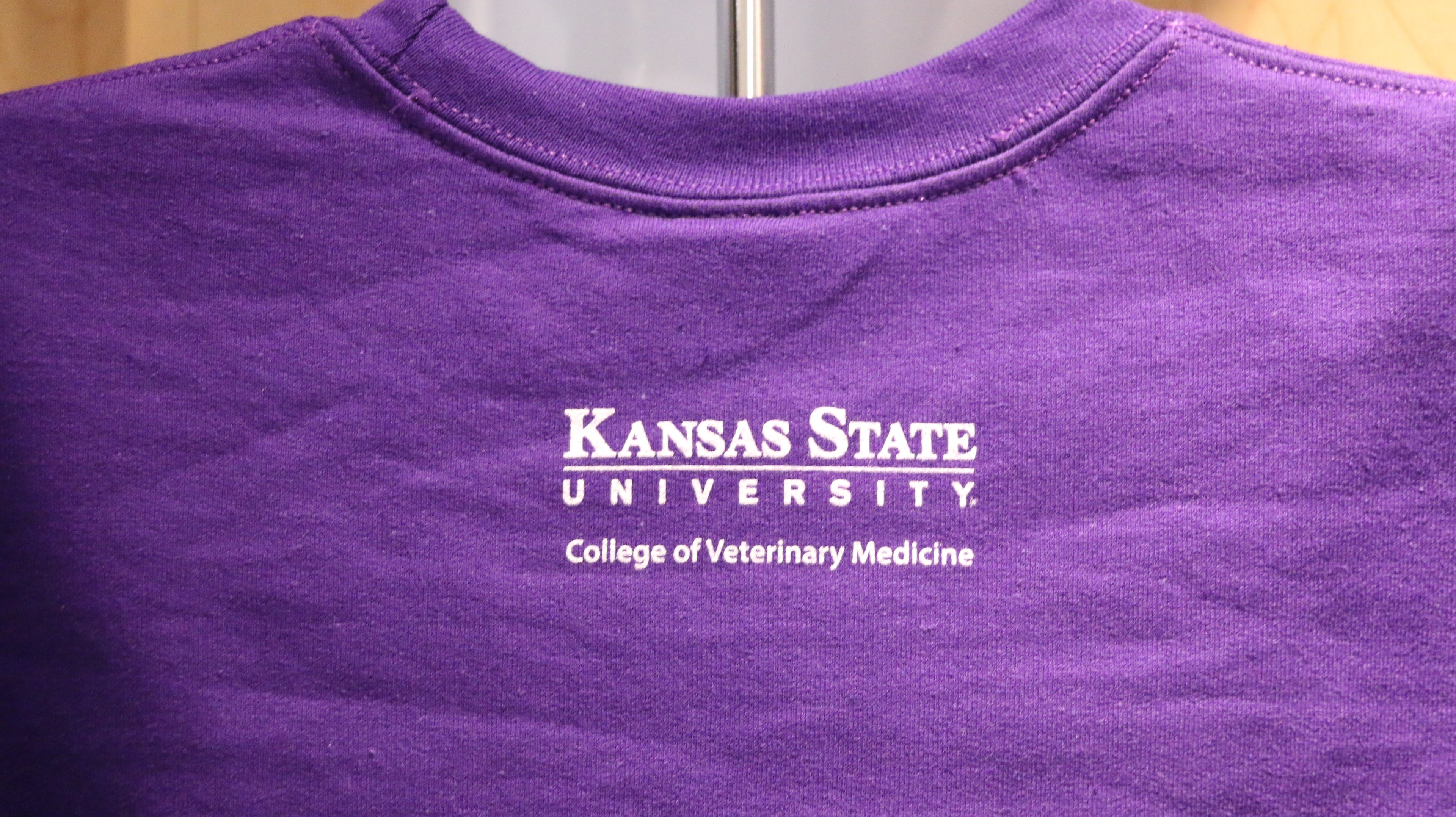 A rear view of the purple sweatshirt with a white CVM logo on the upper middle back area. 