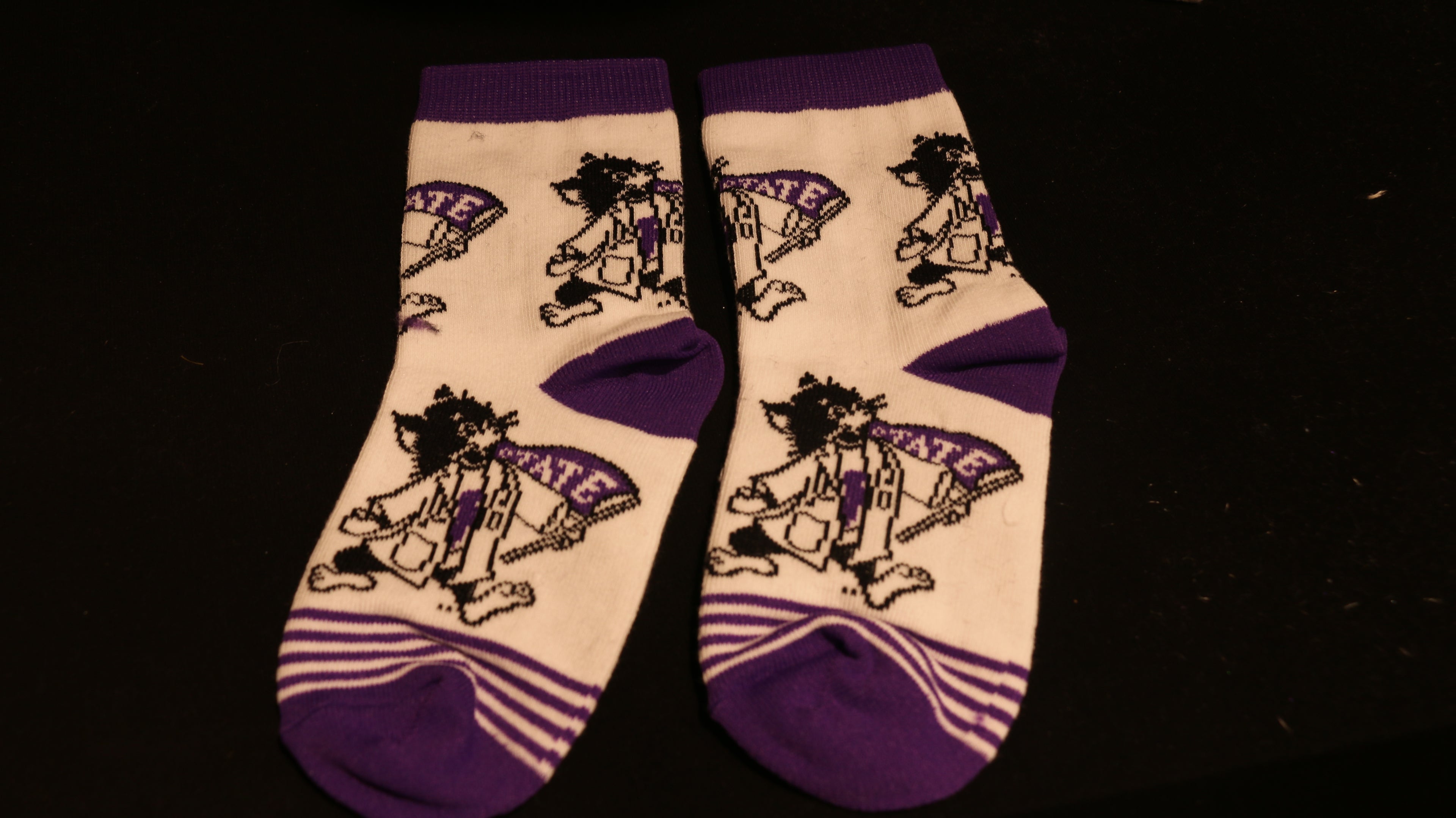 A pair of toddler socks with purple stripes and multiple Labcoat Willie designs. 