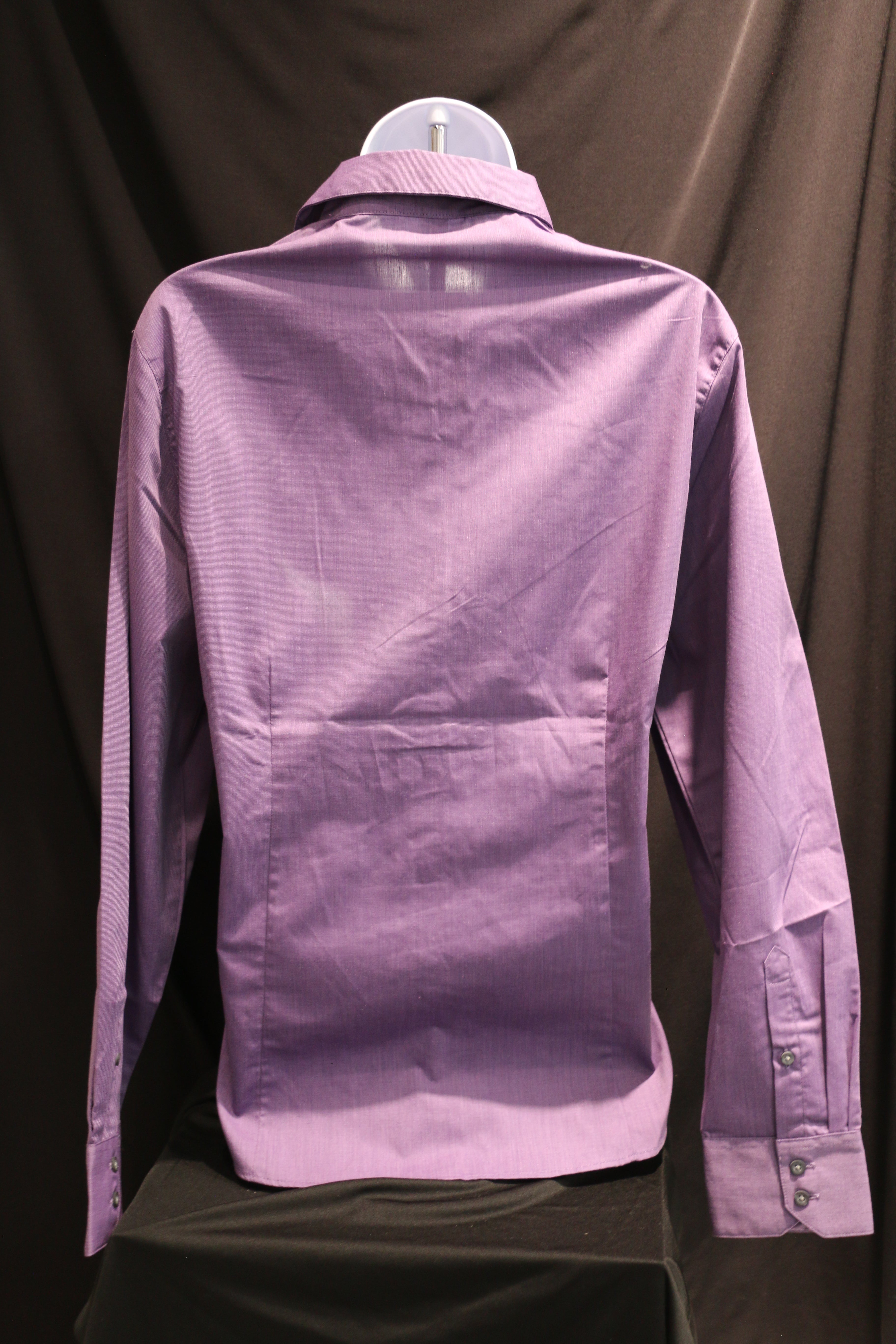 A customized Port Authority Purple Woven long sleeve button up dress shirt viewed from the back.
