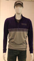A mannequin wearing a customized Men's Antigua Pace 1/4 Zip Pullover in purple and gray colors with a white K-State CVM logo on the chest.