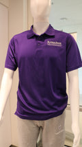 A purple polo shirt displayed on a mannequin, featuring short sleeves and a collar with a white CVM logo. 