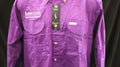 A Men's Tiger Hill Fishing Shirt Long Sleeve button down in the color purple with pockets on the chest and a white embroidered CVM logo. 