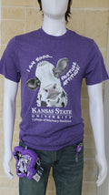A mannequin wearing a heathered purple Port & Co t-shirt with a graphic of a cow and text that reads "I am sooo... pasture attitude!" with the K-State CVM logo. 