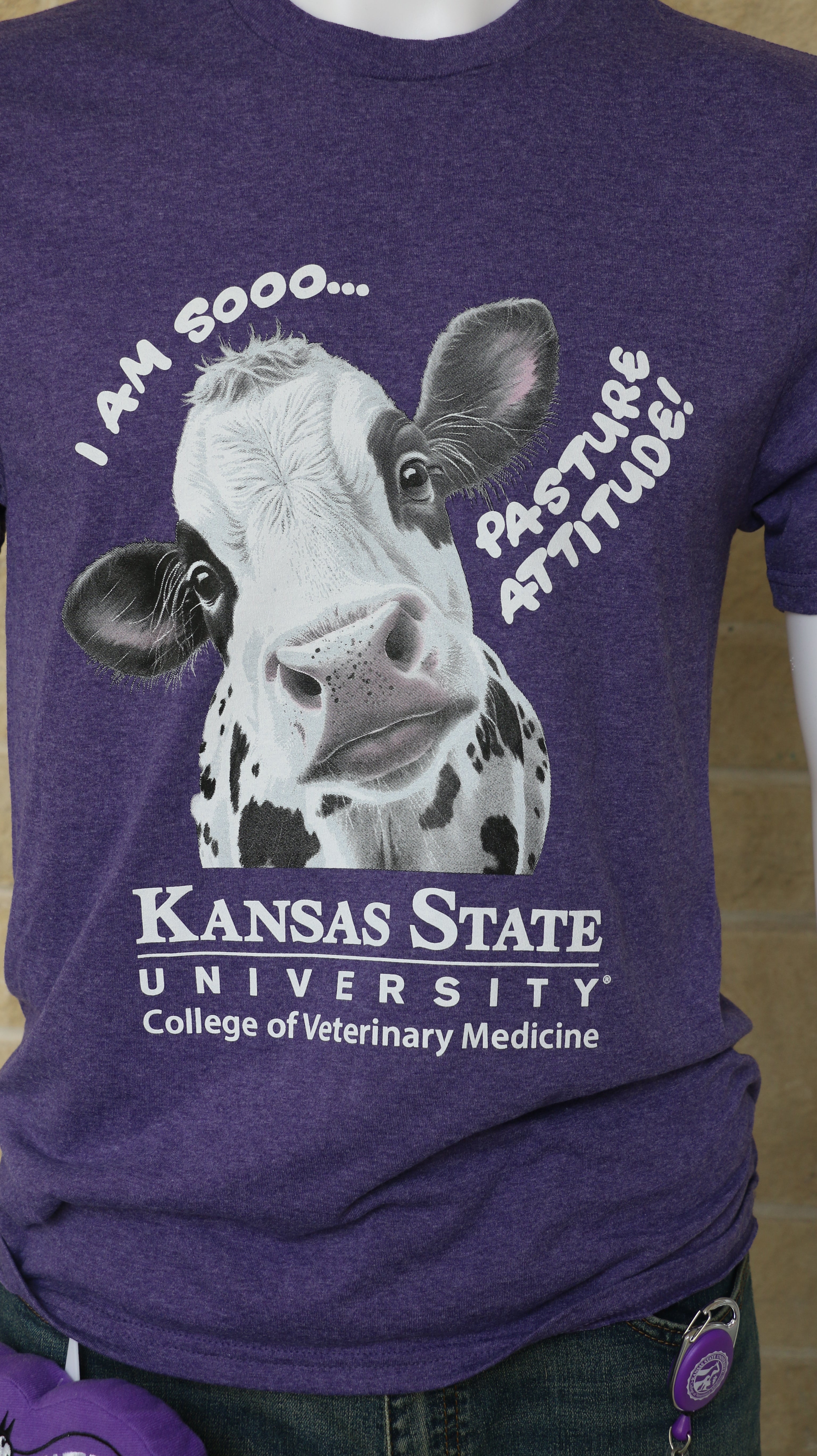 A mannequin wearing a heathered purple Port & Co t-shirt with a graphic of a cow and text that reads "I am sooo... pasture attitude!" with the K-State CVM logo. 