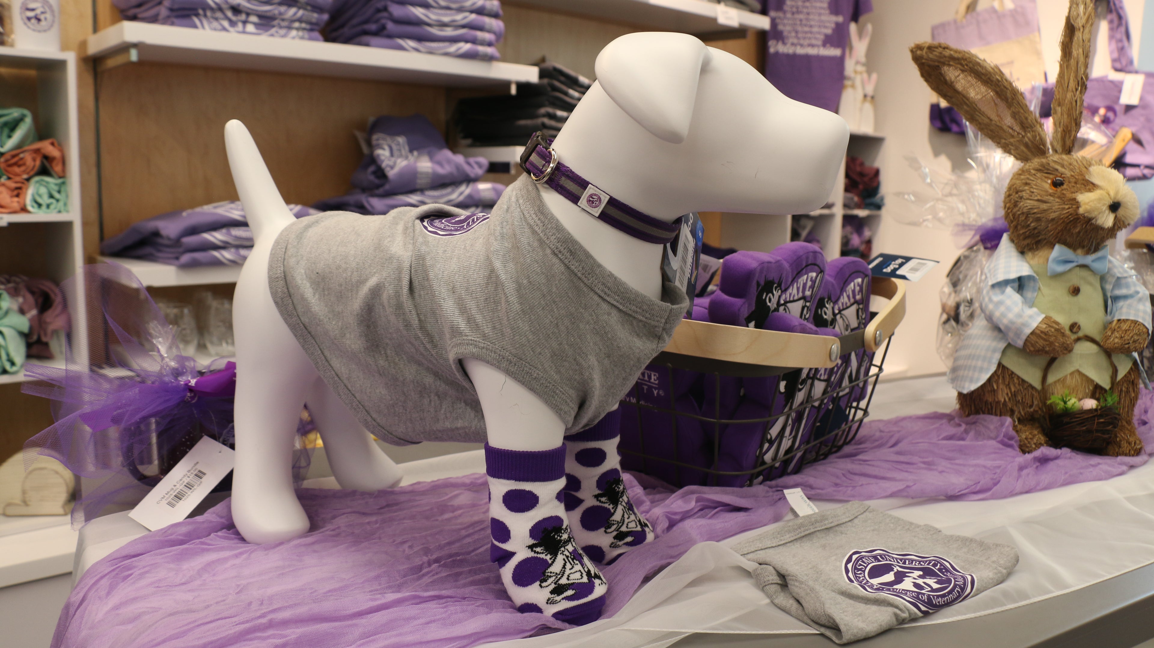 A white mannequin dog wearing a striped purple and grey collar with the CVM seal. 