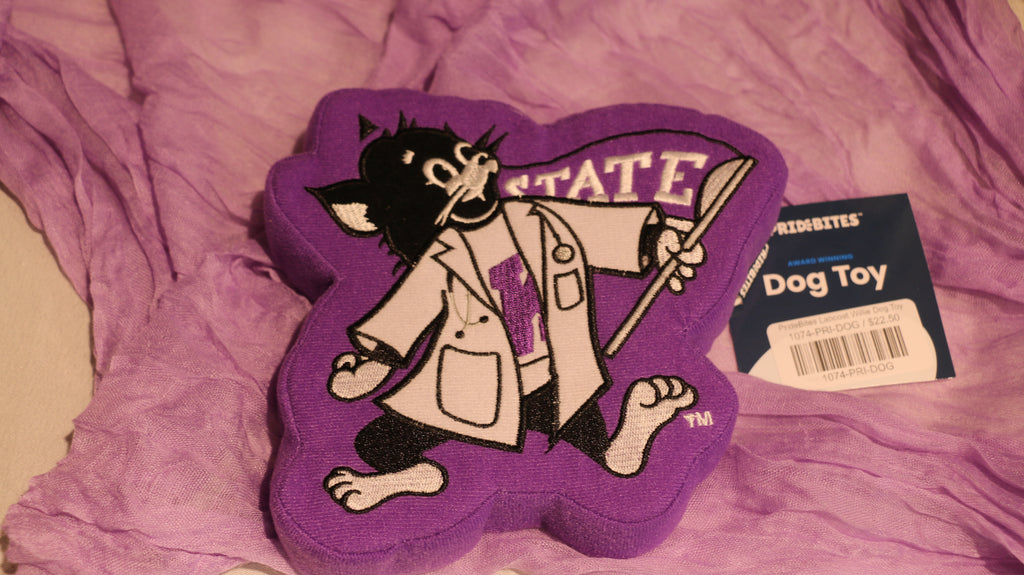 A purple dog toy shaped like Labcoat Willie, with a squeaker inside. The toy is placed on a purple surface, and there is a blue and white tag attached to it.
