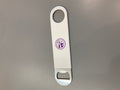 Stainless steel pub style bottle opener with a vinyl wrapped handle and purple CVM logo in the center. 
