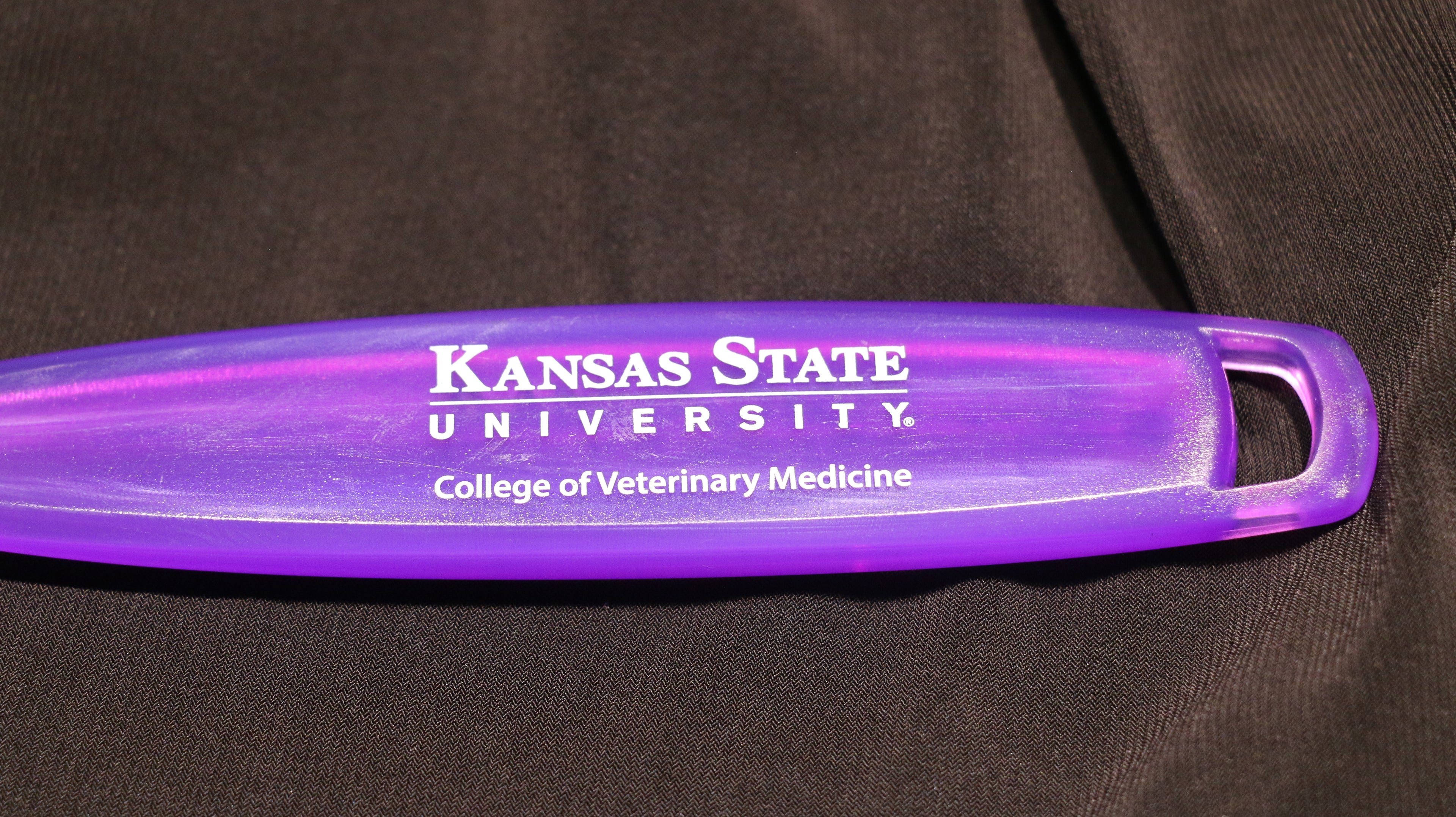 A purple silicone spatula with a translucent handle, white CVM logo, and lying on a black surface.