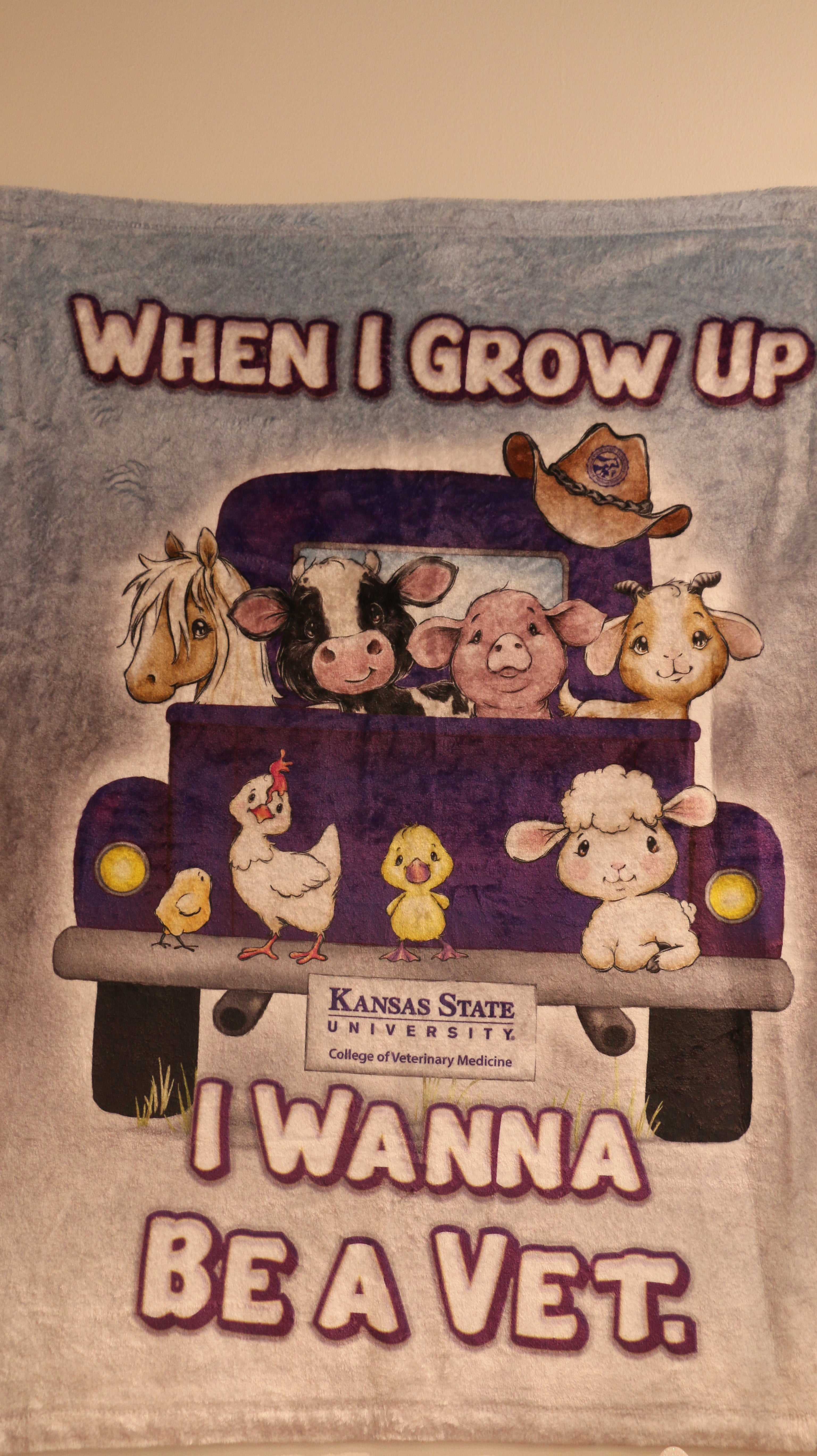 Baby blanket with different animals in the back of a truck and text 'When I Grow Up I Wanna Be a Vet' on a blue background.