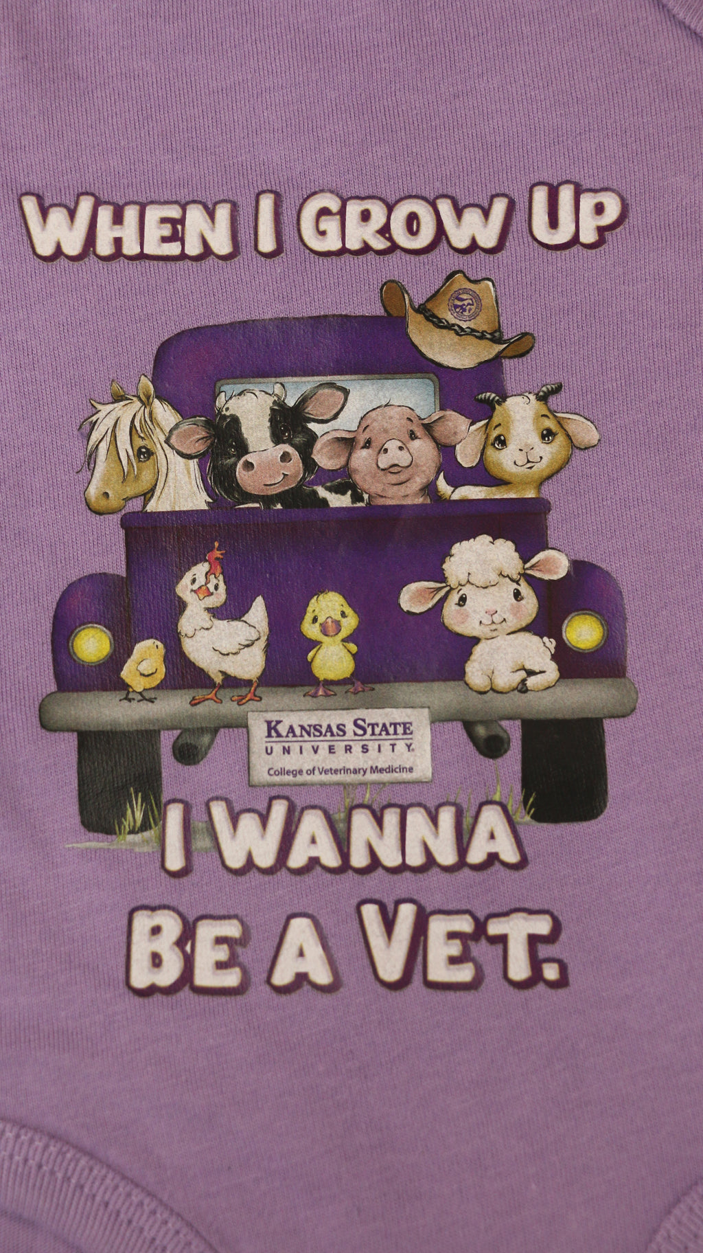 A lavender-colored short sleeve onesie with an illustration of different animals in the back of a truck and the text 'When I grow up I want to be a Vet'.