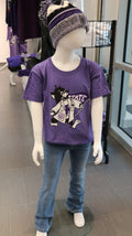 A heather purple Fruit of The Loom youth t-shirt displayed on a mannequin, paired with jeans and a matching purple hat.