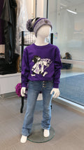 A mannequin displaying a purple youth-sized purple Gildan long sleeve t-shirt with a LabCoat Willie graphic print in the center.